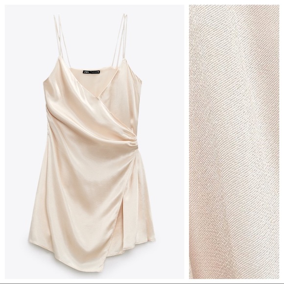 🌹NWT. Zara Nude Beige Satin Effect Wrap Mini Dress. Size S. - Picture 6 of 11